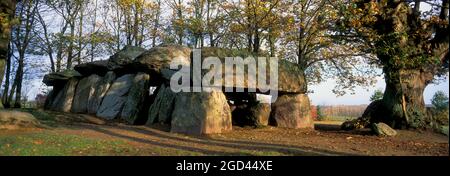 FRANCE, ILLE ET VILAINE (35), ESSE, DOLMEN DE LA ROCHE AUX FEES, SITE MÉGALITHIQUE, PASSERELLE COUVERTE DU TROISIÈME MILLÉNAIRE NÉOLITHIQUE BC., EN BONNE STA Banque D'Images