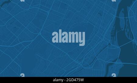 Carte d'arrière-plan vectorielle de la région de Montréal bleu foncé, illustration de la cartographie des rues et de l'eau. Format écran large, design plat numérique streetmap. Illustration de Vecteur