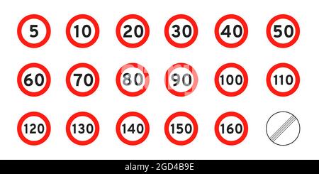 Limite de vitesse 5-160 route ronde icône signe plate style design vecteur illustration ensemble isolé sur fond blanc. Entourez le numéro de la signalisation routière standard Illustration de Vecteur