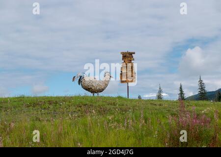 La sculpture emblématique de poulet à Chicken, Alaska avec panneau directionnel. La grande statue est faite de vieux casiers en métal. Banque D'Images