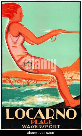 Locarno. Plage Wasserport par Daniele Buzzi (1890-1974). Affiche ancienne restaurée publiée en 1928 en Suisse. Banque D'Images