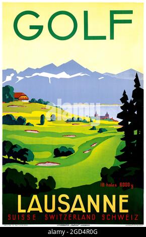 Golf. Lausanne par Jean-Louis Fortuné BOVARD (1975-1947). Affiche ancienne restaurée publiée en 1936 en Suisse. Banque D'Images