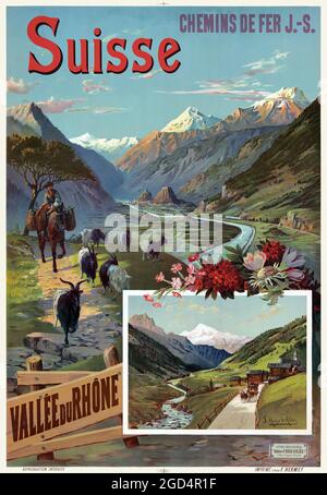 Suisse. Chemins de fer J-S Vallée de Rhône par Frédéric Hugo d'Alési (1849-1906). Affiche ancienne restaurée publiée en 1910 en Suisse. Banque D'Images