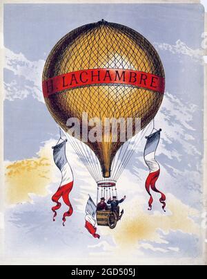 Ballon étiqueté « H. Lachambre," avec deux hommes dans le panier - affiche française vintage. 1880s. Banque D'Images