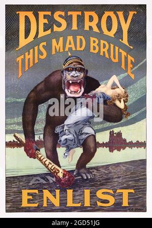 Détruisez cette folle brute enlist - armée américaine - ancienne et vintage propagande / affiche de recrutement. 1917. Version retouchée. Banque D'Images