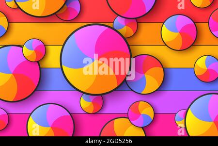 Arrière-plan abstrait et coloré sur lequel volent des cercles rotatifs multicolores lumineux. Illustration vectorielle. Illustration de Vecteur