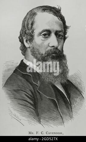 Lord Frederick Charles Cavendish (1836-1882). Politicien britannique. Il a été nommé secrétaire en chef de l'Irlande en mai 1882, mais il a été assassiné quelques heures seulement après son arrivée à Dublin. Portrait. Dessin de Badillo. Gravure par Arturo Carretero. La Ilustración Española y Americana, 1882. Banque D'Images