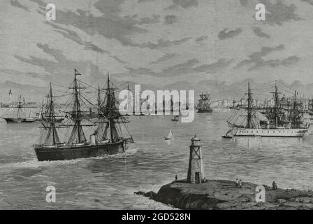 Égypte, Alexandrie. Le 11 juin 1882, un mouvement xénophobe éclate dans la ville et s'étend à d'autres villes, causant le meurtre de 200 étrangers. Le conflit est né de l'entrée de navires français et anglais dans le port d'Alexandrie. Vue générale du port et de l'ancrage des escadrons étrangers. Dessin de A. Caula. Gravure de Rico. La Ilustración Española y Americana, 1882. Banque D'Images