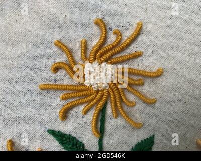 Broderie à la main décorations de fleurs, gros plan de la main embroider points de fleurs cousus avec des fils colorés sur le tissu en bois de broderie cadre Banque D'Images