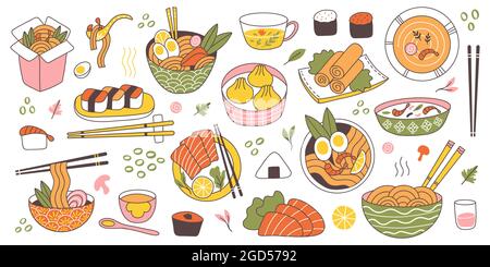 Doodle cuisine japonaise asiatique cuisine traditionnelle délicieuse. Chinois, coréen, japonais riz, nouilles, poisson et plats de viande ensemble d'illustrations vectorielles Illustration de Vecteur