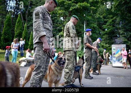 LVIV, UKRAINE - AOÛT 8 2021 - des soldats et des chiens se dressent au cours de la parade des chiens militaires dans le parc culturel Bohdan Khmelnytskyi, à Lviv, dans l'ouest Banque D'Images