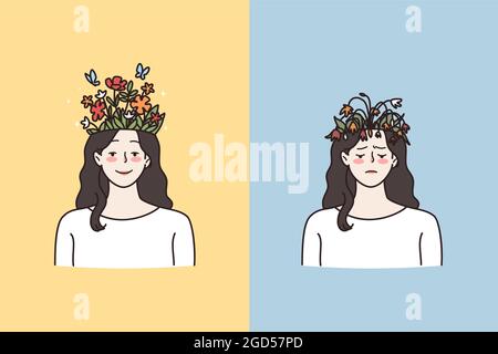 Problèmes de santé mentale et concept de contrastes. Jeune femme heureuse et triste ayant des fleurs en pleine croissance et des fleurs endommagées sur la tête, ce qui signifie l'illustration du vecteur d'état mental Illustration de Vecteur