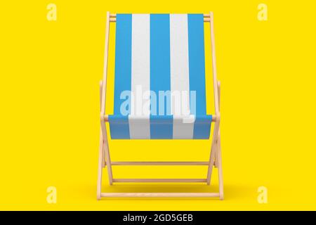 Chaise de plage à rayures bleues isolée sur fond jaune. rendu 3d des vacances sur la plage et l'océan et des escapades estivales Banque D'Images