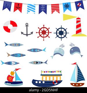 Set marin - poissons, navires et drapeaux, phare. Illustration vectorielle sur fond blanc. Illustration de Vecteur