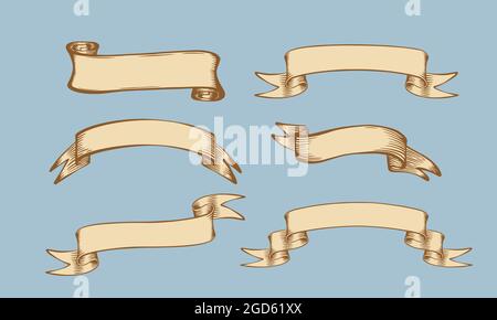 Rubans dessinés à la main de style rétro avec espace vide pour votre texte. Illustration vectorielle. Illustration de Vecteur