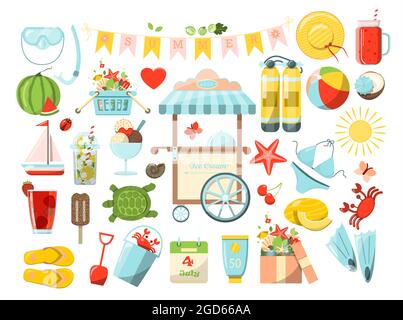 Un ensemble d'été Big Vector. Accessoires pour vacances à la plage au bord de la mer. Design plat Illustration pour les publicités, le Web, les prospectus et les bannières. Ensemble d'icônes de dessin animé Illustration de Vecteur