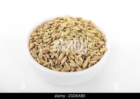 graines de fenouil. graines de fenouil sèches dans un bol blanc sur fond blanc. fenouil Banque D'Images