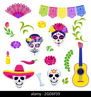 Collection de symboles jour des morts. Dia de los muertos. Fête mexicaine. Illustration de Vecteur
