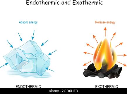 Réactions chimiques endothermiques et exothermiques. Les glaçons froids absorbent l'énergie et le feu chaud libère de l'énergie. Affiche Illustration de Vecteur