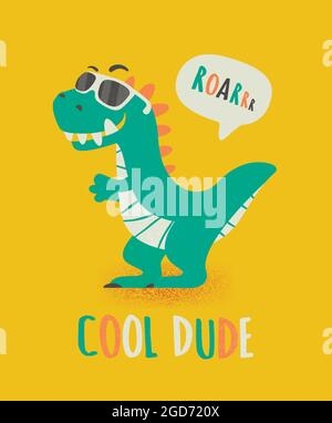 Cool Dude Dinosaur Tirannosaur trois Rex. Dessin animé Tirex. Carte pour enfant. Motif vectoriel mignon et drôle dessin animé Dinosaur avec SunglEvalue Illustration de Vecteur