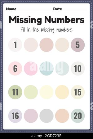 Feuille de calcul des nombres manquants, feuille imprimable de mathématiques pour les enfants d'âge préscolaire et de maternelle pour apprendre les compétences de base en mathématiques. Illustration de Vecteur