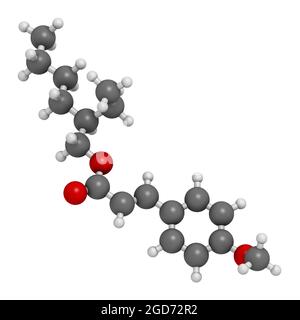 Molécule de crème solaire octyl méthoxycinnamate (octinoxate). Rendu 3D. Banque D'Images