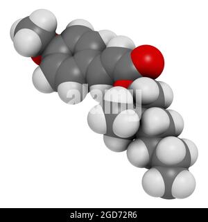 Molécule de crème solaire octyl méthoxycinnamate (octinoxate). Rendu 3D. Banque D'Images