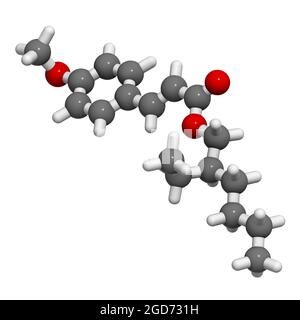 Molécule de crème solaire octyl méthoxycinnamate (octinoxate). Rendu 3D. Banque D'Images