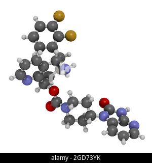 Molécule de médicament de migraine Rimegebant. Rendu 3D. Banque D'Images