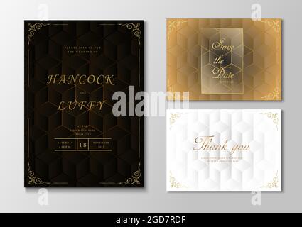 Modèle de carte d'invitation de mariage de luxe. Élégant fond noir, blanc et or avec forme géométrique. Illustration vectorielle.Eps10 Illustration de Vecteur