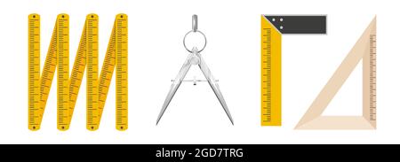 Outils de mesure. Règle pliante, diviseur Bow-compas, coin bâtiment, coin école en bois. Illustration vectorielle 3D isolée sur fond blanc. Illustration de Vecteur