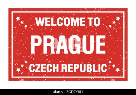 BIENVENUE À PRAGUE - RÉPUBLIQUE TCHÈQUE, mots écrits sur le drapeau rectangle rouge Banque D'Images