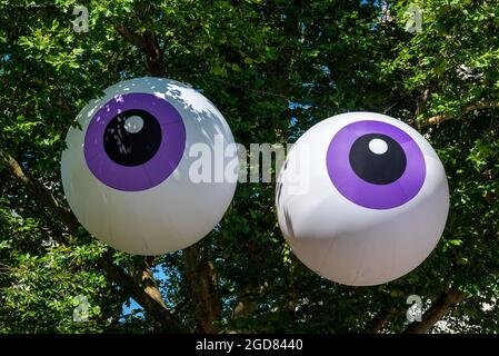 Londres, Royaume-Uni. 11 août 2021. Des yeux gonflables géants sont visibles sur un arbre du centre de Londres. Dans le cadre de la saison #LetsDoLondon Family Fun du maire de Londres Sadiq Khan, les yeux se sont éclatés dans des endroits « équesques » autour de la ville, invitant des familles de Londres et du Royaume-Uni à « voir Londres différemment ». (Photo par Dave Rushen/SOPA Images/Sipa USA) crédit: SIPA USA/Alay Live News Banque D'Images