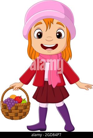 Petite fille de dessin animé avec panier de fruits Illustration de Vecteur