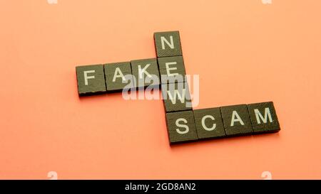 Un groupe de mosaïque scarable formant le mot escroquerie fausses nouvelles. Mise au point sélective sur les tuiles isolées sur fond rose Banque D'Images