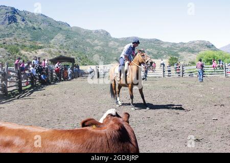 COCHRANE, CHILI - 31 janvier 2016 : Gaucho à cheval avant le début du parcours . Patagonie. Région d'Aysen. Banque D'Images