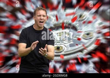 PHOTOMONTAGE: Aperçu du Bundesliga début de la saison 2021/2022 Borussia Monchengladbach-FC Bayern Munich. L'entraîneur Julian NAGELSMANN (FC Bayern Munich) veut gagner le 10ème championnat de suite avec le FC Bayern Munich. Saison 2021-2022 € Banque D'Images