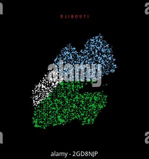 Carte du drapeau de Djibouti, motif de particules chaotiques dans les couleurs du drapeau djiboutien. Illustration isolée sur fond noir. Banque D'Images