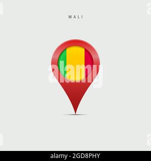 Marqueur de carte en forme de goutte d'eau avec drapeau du Mali. Drapeau malien inséré dans la broche de la carte de localisation. Illustration 3D isolée sur fond gris clair. Banque D'Images