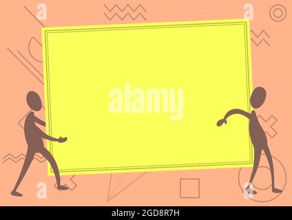 Deux collègues dessin debout portant un grand tableau blanc Unity Partnership. Coéquipiers Design porte un papier vide de grande taille montrant la coopération en matière de travail d'équipe. Illustration de Vecteur