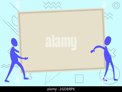 Deux collègues dessin debout portant un grand tableau blanc Unity Partnership. Coéquipiers Design porte un papier vide de grande taille montrant la coopération en matière de travail d'équipe. Illustration de Vecteur