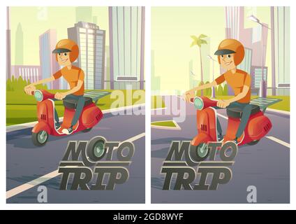 Affiches de voyage moto avec homme sur scooter sur la route de la ville Illustration de Vecteur