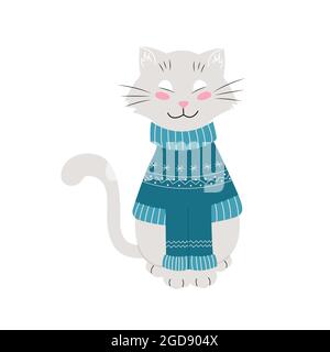 Chat dans un chandail chaud d'hiver, animaux de compagnie drôles, illustration vectorielle. Isolé. Conception plate Illustration de Vecteur