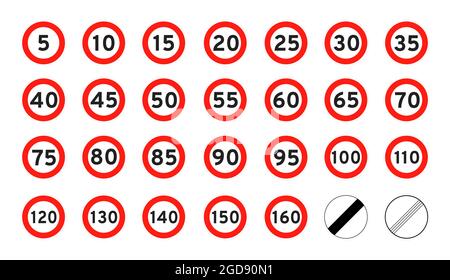 Limite de vitesse 5-160 route ronde icône signe plate style design vecteur illustration ensemble isolé sur fond blanc. Entourez le numéro de la signalisation routière standard Illustration de Vecteur