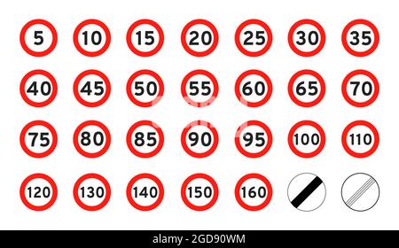 Limite de vitesse 5-160 route ronde icône signe plate style design vecteur illustration ensemble isolé sur fond blanc. Entourez le numéro de la signalisation routière standard Illustration de Vecteur