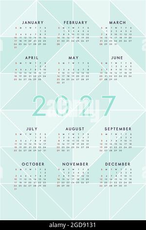 Calendrier bleu sarcelle vert 2027 sur fond avec triangles de mosaïque moderne. Calendrier vertical pour l'impression et le Web. La semaine commence le dimanche. Illustration de Vecteur