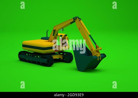 Modèle isométrique d'une pelle hydraulique jaune, grande machine de construction sur fond vert isolé. Machine de construction lourde avec godet. Gros plan Banque D'Images