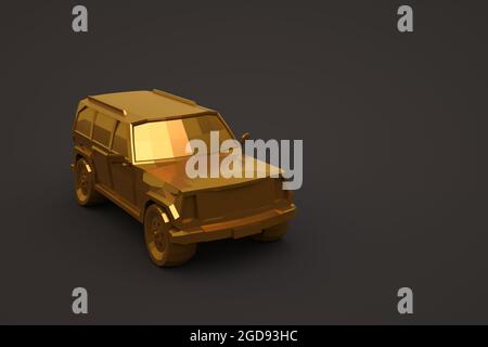 voiture 3d dorée isolée sur fond sombre. Grande voiture de tourisme dorée. illustration 3d, gros plan Banque D'Images