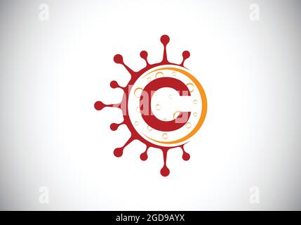 Alphabet C monogramme initial avec cellules du coronavirus. Logo Lab signe symbole dessin vectoriel Illustration. Emblème de police. Virus Corona (Covid-19). Arrêt Corona Illustration de Vecteur