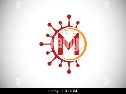 Lettre initiale du monogramme M avec cellules du coronavirus. Logo Lab signe symbole dessin vectoriel Illustration. Emblème de police. Virus Corona (Covid-19). Arrêt Corona Illustration de Vecteur